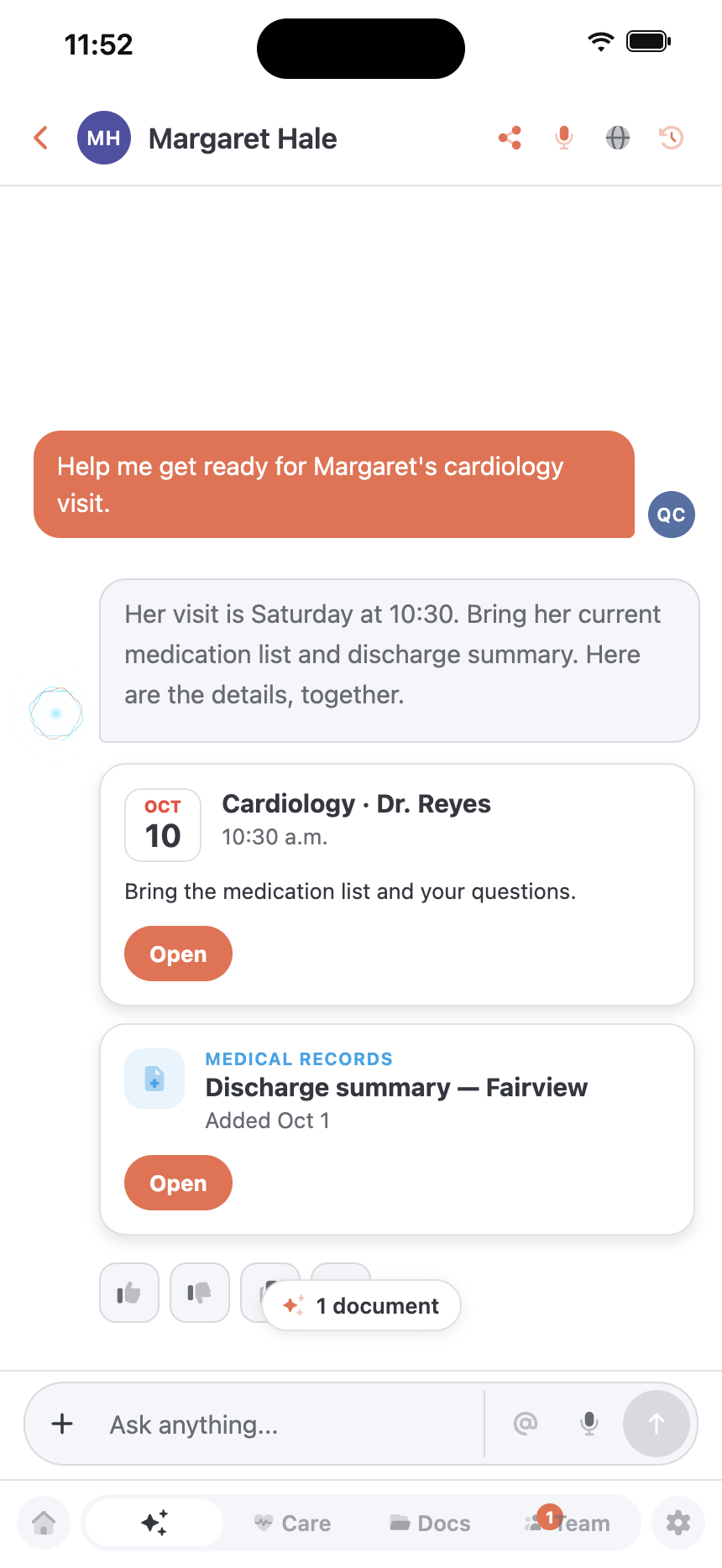 Eleplan — Ellie answers with appointment and document cards in the chat