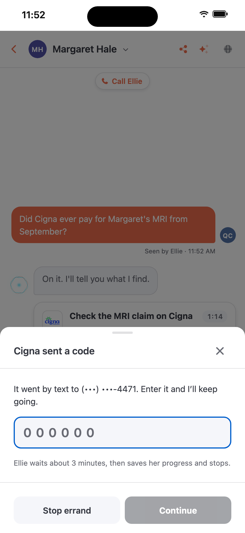 Ellie asks for the code a site texted