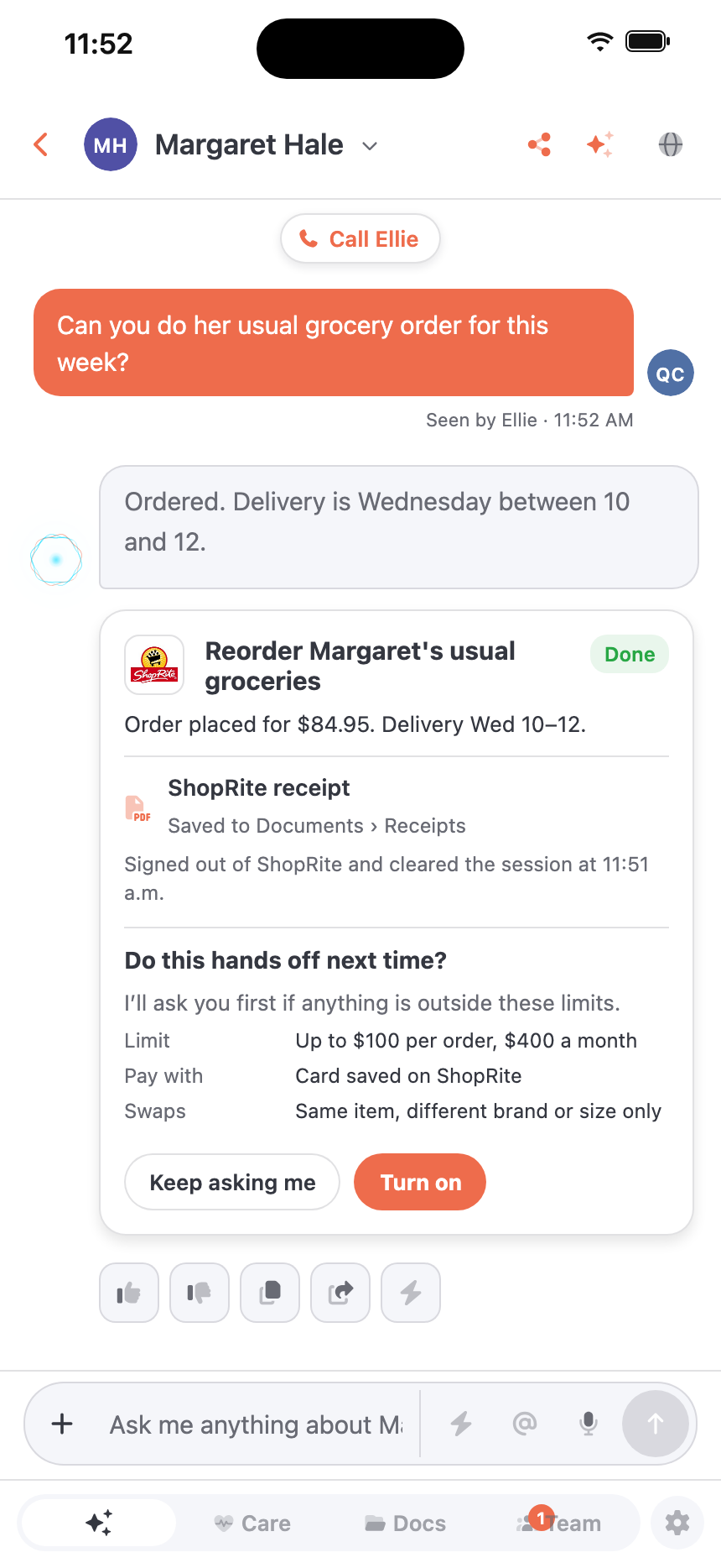 Ellie offers to reorder hands off, within limits