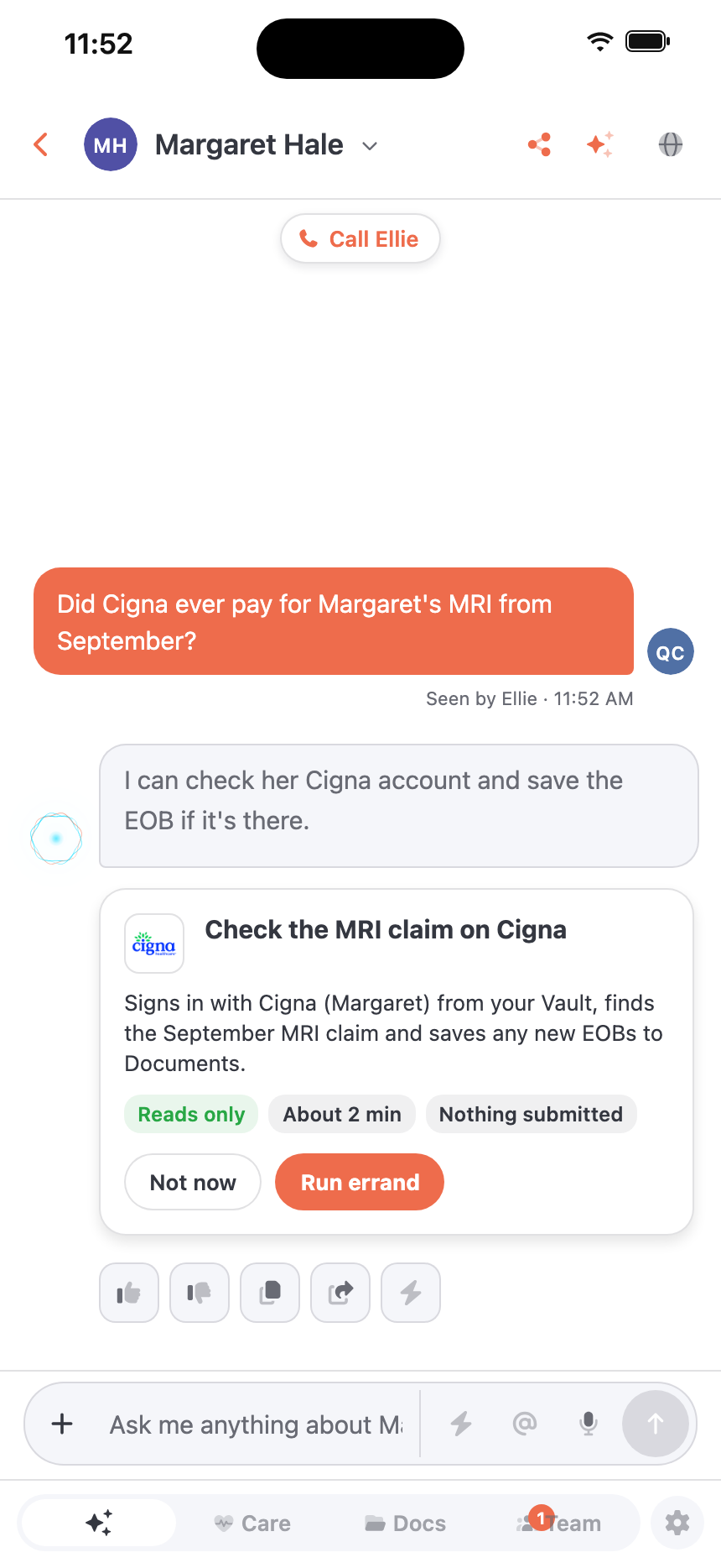 Ellie offers an errand to check an insurance claim